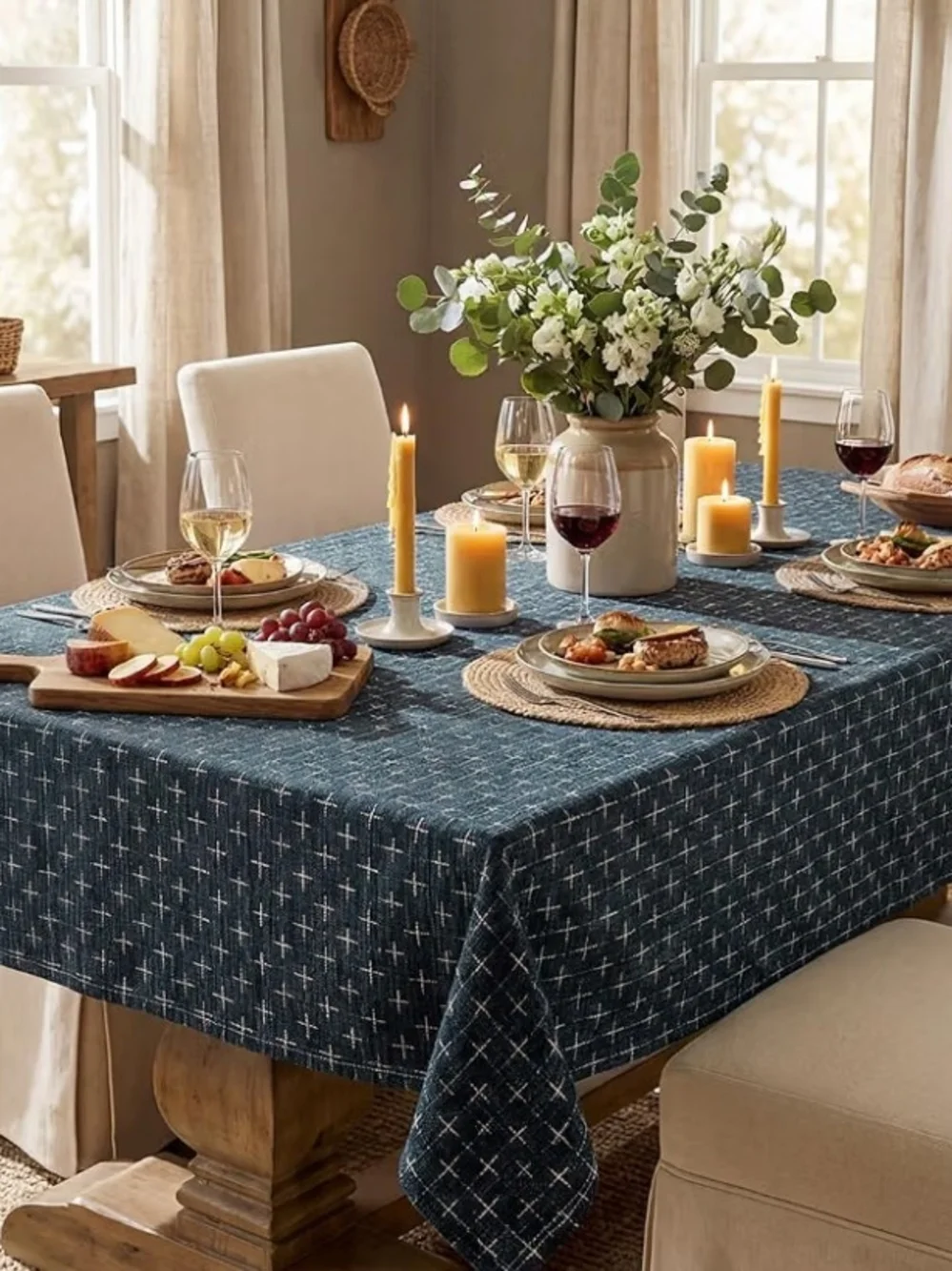 Blue Crosshatch Dining Tablecloth - Classic Textured Design 60x104